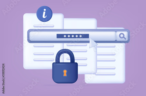 Search for secret information 3d. Paper page with lock. Confidential, prohibited data. The concept of protection, safe storage, private hidden file. Restriction of access, login, password. Vector.
