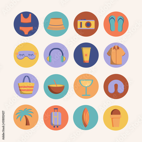 Summer icon collection, vector set, traveling accessories.