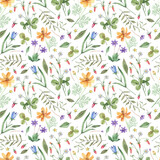 Watercolor, seamless pattern with delicate, wildflowers and herbs. Romantic, floral background. Floral background in retro style with wild plants.