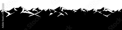 Snow covered mountain peaks, mountain range panoramic view, black and white landscape