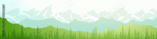 Panoramic mountain view, summer landscape, snow-capped mountain peaks and green forests