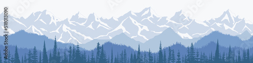 Mountain landscape, panoramic view of ridges and forest in fog, vector illustration