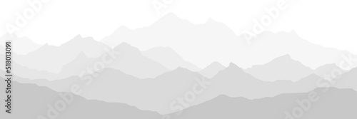 Black and white mountain landscape, ridges in the fog, panoramic view