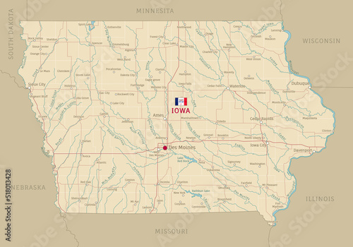Road map of Iowa  US American federal state. Editable highly detailed transportation map with highways and interstate roads  rivers and cities realistic vector illustration