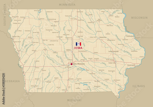 Road map of Iowa, US American federal state. Editable highly detailed transportation map with highways and interstate roads, rivers and cities realistic vector illustration