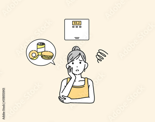 体重が増えて困る　若い女性　リバウンド　ダイエット　体重増加　イラスト