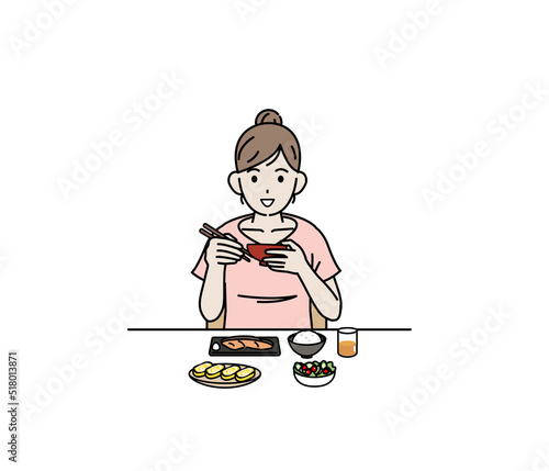 朝食を食べる　若い女性　健康的な食事　自炊　イラスト