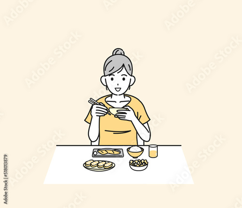 朝食を食べる　若い女性　健康的な食事　自炊　イラスト