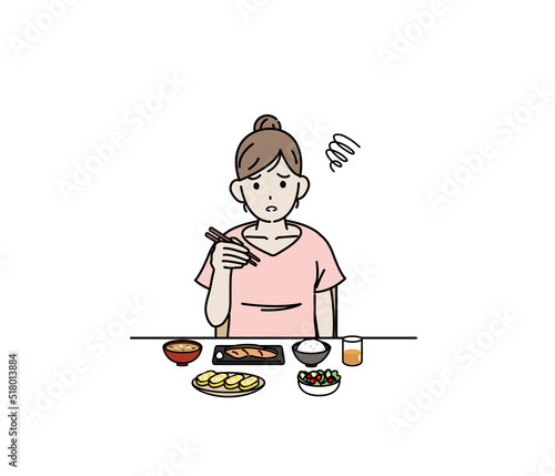 食欲がない　食べれない　味覚障害　若い女性　食事　摂食障害　夏バテ　イラスト