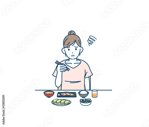 食欲がない　食べれない　味覚障害　若い女性　食事　摂食障害　夏バテ　イラスト