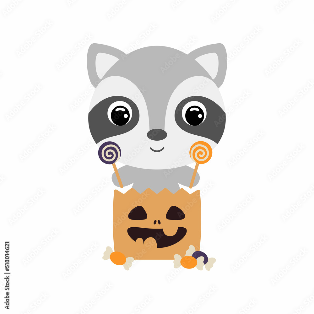 Cute Halloween raccoon sitting in a trick or treat bag with candies. Cartoon animal character for kids t-shirts, nursery decoration, baby shower, greeting card, invitation. Vector stock illustration