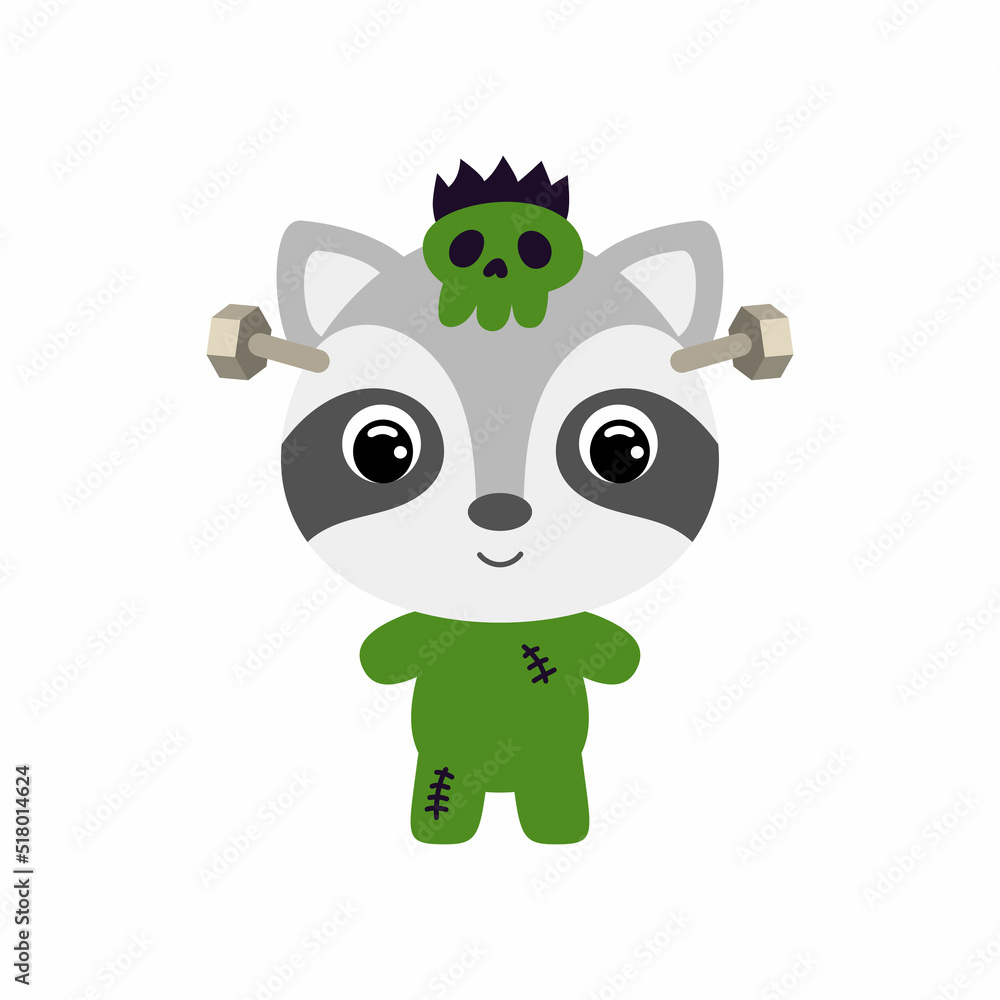 Fototapeta premium Cute little Halloween raccoon in a Frankenstein costume. Cartoon animal character for kids t-shirts, nursery decoration, baby shower, greeting card, invitation. Vector stock illustration