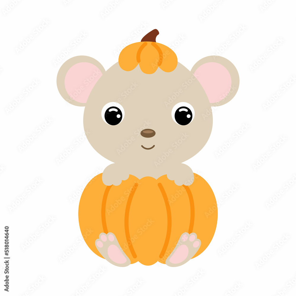 Cute little mouse sitting in a pumpkin. Cartoon animal character for kids t-shirts, nursery decoration, baby shower, greeting card, invitation. Vector stock illustration Cute little mouse sitting in a pumpkin. Cartoon animal character for kids t-shirts, nursery decoration, baby shower, greeting card, invitation. Vector stock illustration