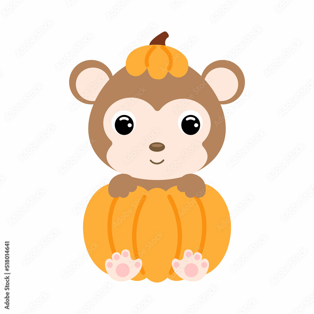 Cute little monkey sitting in a pumpkin. Cartoon animal character for kids t-shirts, nursery decoration, baby shower, greeting card, invitation. Vector stock illustration Cute little monkey sitting in a pumpkin. Cartoon animal character for kids t-shirts, nursery decoration, baby shower, greeting card, invitation. Vector stock illustration