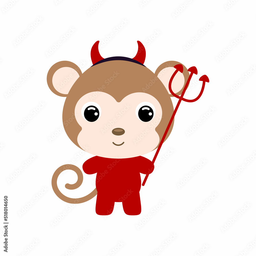 Cute little Halloween monkey in a devil costume. Cartoon animal character for kids t-shirts, nursery decoration, baby shower, greeting card, invitation, house interior. Vector stock illustration Cute little Halloween monkey in a devil costume. Cartoon animal character for kids t-shirts, nursery decoration, baby shower, greeting card, invitation, house interior. Vector stock illustration