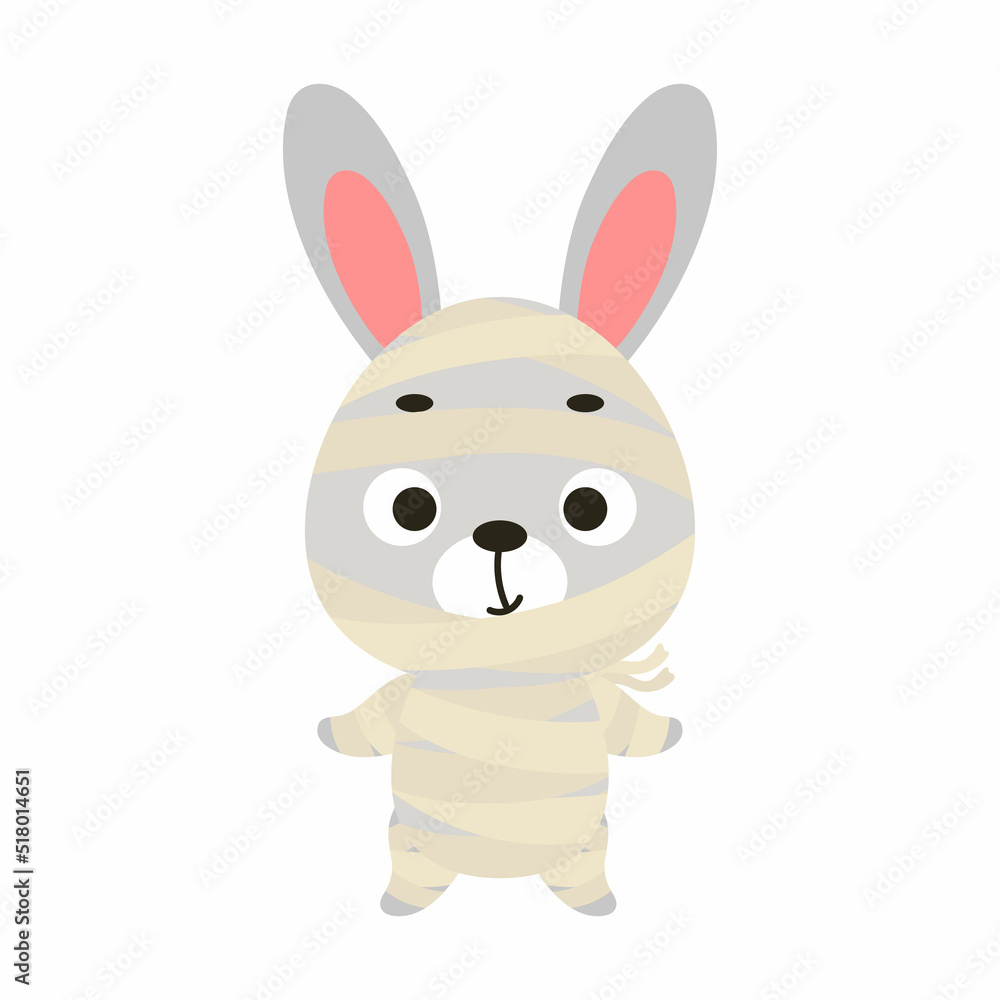 Obraz premium Cute little Halloween rabbit in a mummy costume. Cartoon animal character for kids t-shirts, nursery decoration, baby shower, greeting card, invitation, house interior. Vector stock illustration