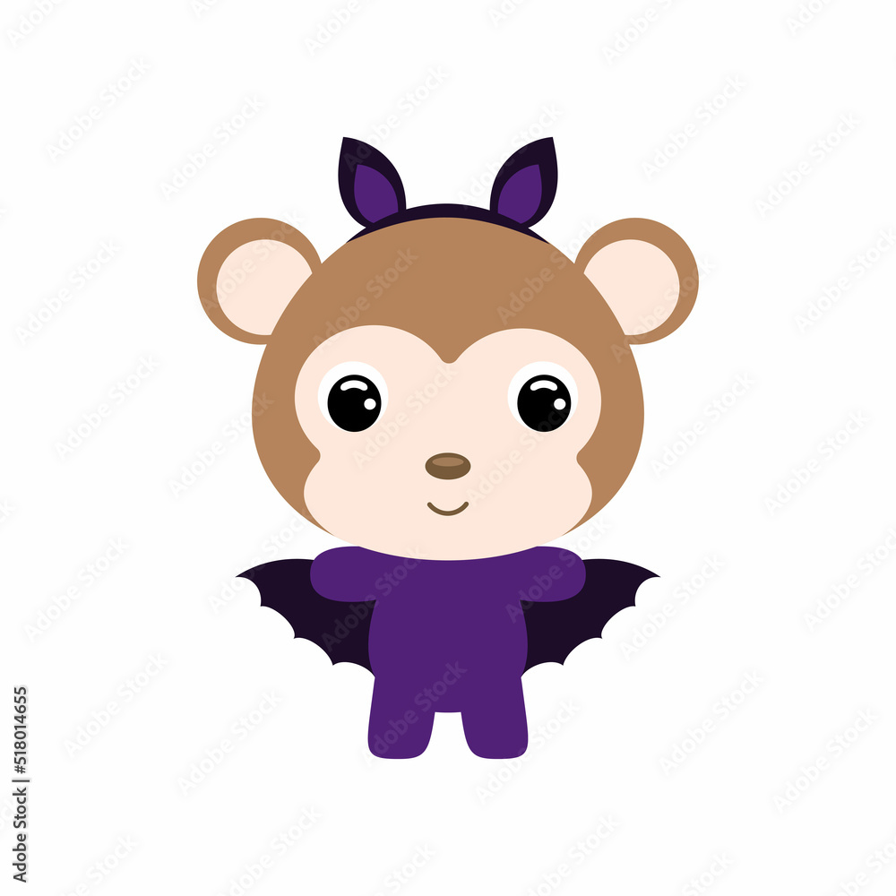 Cute little Halloween monkey in a bat costume. Cartoon animal character for kids t-shirts, nursery decoration, baby shower, greeting card, invitation, house interior. Vector stock illustration Cute little Halloween monkey in a bat costume. Cartoon animal character for kids t-shirts, nursery decoration, baby shower, greeting card, invitation, house interior. Vector stock illustration