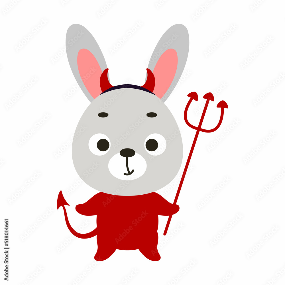 Cute little Halloween rabbit in a devil costume. Cartoon animal character for kids t-shirts, nursery decoration, baby shower, greeting card, invitation, house interior. Vector stock illustration