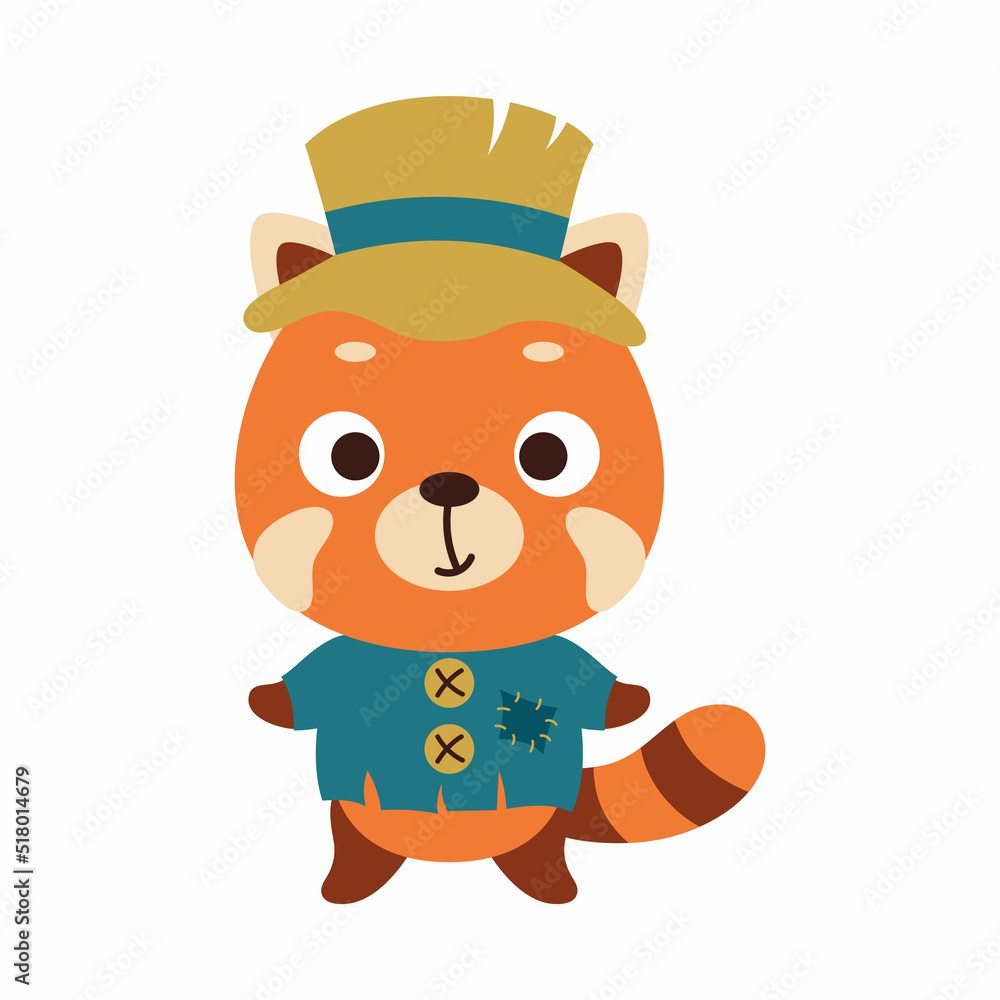 Fototapeta premium Cute little Halloween red panda in a scarecrow costume. Cartoon animal character for kids t-shirts, nursery decoration, baby shower, greeting card, invitation, decor. Vector stock illustration