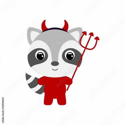 Cute little Halloween raccoon in a devil costume. Cartoon animal character for kids t-shirts, nursery decoration, baby shower, greeting card, invitation, house interior. Vector stock illustration