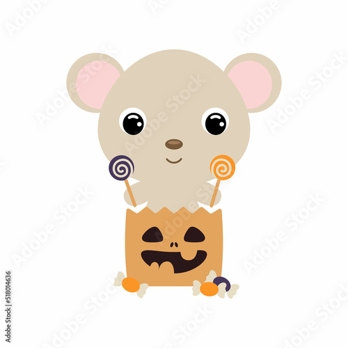 Cute Halloween mouse sitting in a trick or treat bag with candies. Cartoon animal character for kids t-shirts  nursery decoration  baby shower  greeting card  invitation. Vector stock illustration