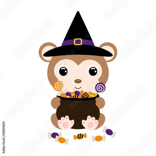 Cute Halloween monkey in witch hat holding a pot with candies. Cartoon animal character for kids t-shirts  nursery decoration  baby shower  greeting card  invitation. Vector stock illustration