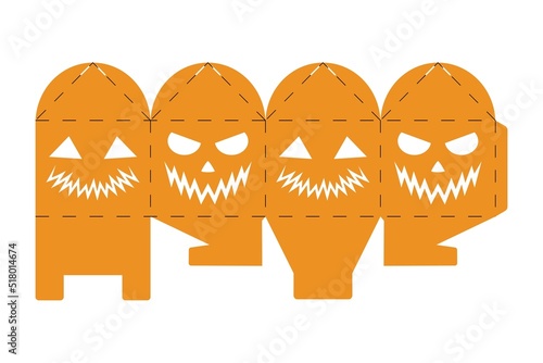 Halloween treat box with scary pumpkins. Jack-o-lantern facial gift party packaging for sweet, candies, small present, bakery. Simple package die cut template for laser cut. Vector stock illustration