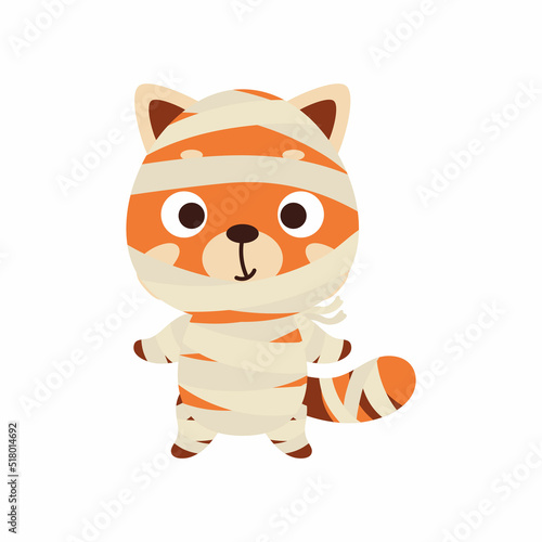 Cute little Halloween red panda in a mummy costume. Cartoon animal character for kids t-shirts  nursery decoration  baby shower  greeting card  invitation  house interior. Vector stock illustration