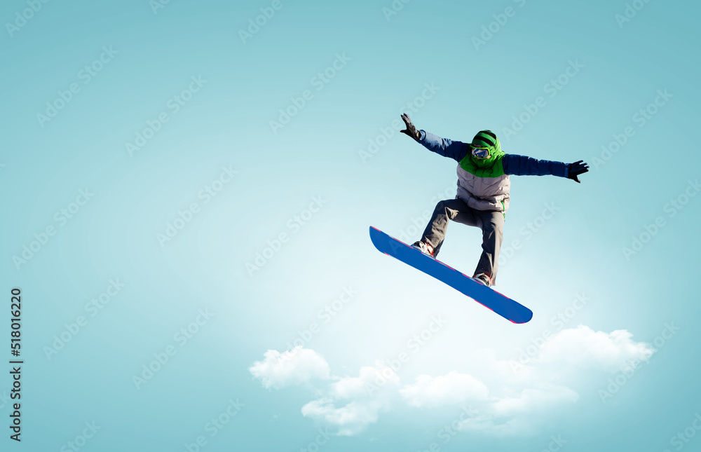 Naklejka premium Snowboarder and Alps landscape . Mixed media
