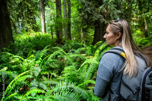 Side view of Female Hiker walking through a lush wooded forest in the beautiful Pacific Northwest full of ferns and mossy trees. Outdoor lifestyle photo © Brocreative