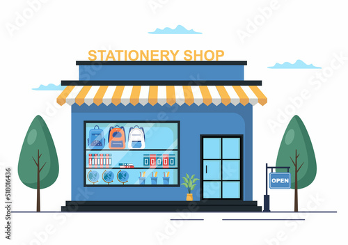Stationery Store Building for Buying School Supplies Like a Book, Backpack, Notebook, Ruler, Pencil, Pen, Calculator or Scissors in Flat Cartoon Illustration