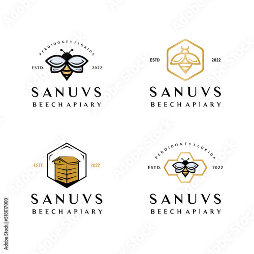 Set of bee apiary vintage logo design template