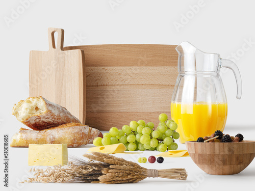 healthy breakfast with grapes orange juice, bread, cheese and fruit, 3d Rendering, 3d Illustration