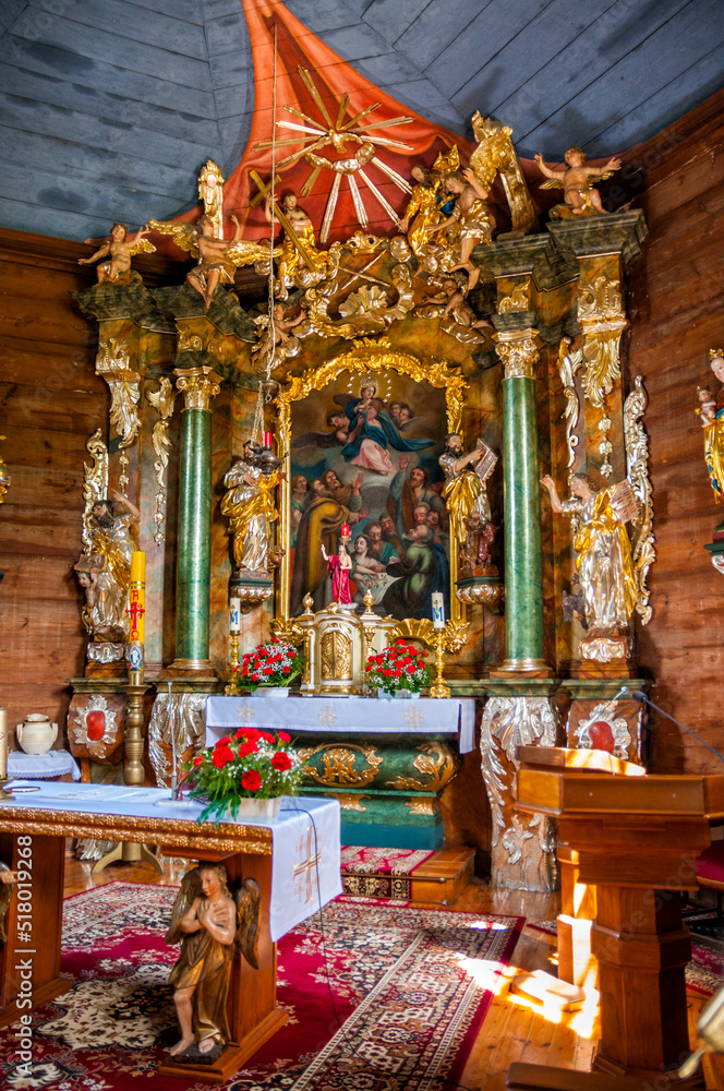 The interior of the wooden church Blessed Virgin Mary of the Assumption from 1743 in Czarlejno, Greater Poland voivodeship, Poland.