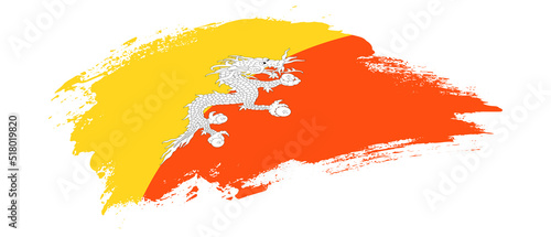 National flag of Bhutan with curve stain brush stroke effect on white background