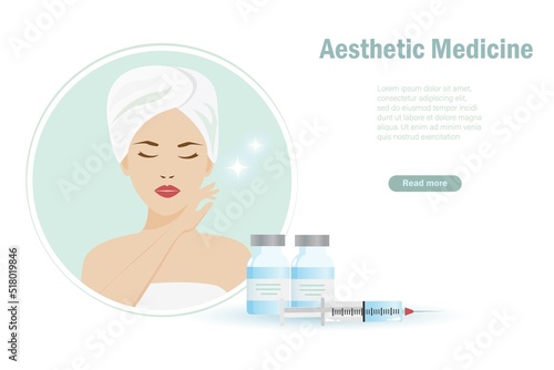 Beautiful woman with dermal filler,  aesthetic medicine serum and syringe. Plastic surgery, cosmetology treatment, professional anti aging medical business.