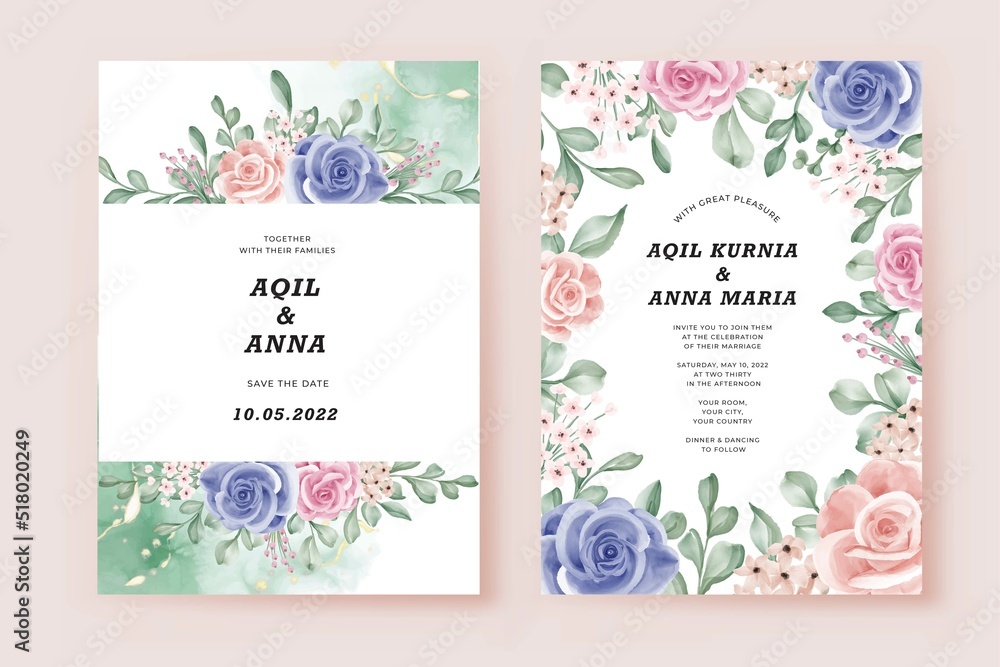 Wedding Invitation Template Cards Set with pink and blue Flowers