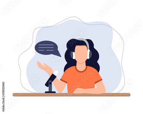 Broadcasting concept. Woman talking with the audience. Radio host on the air.