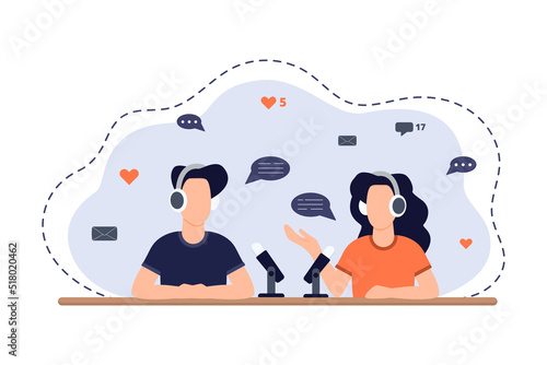 A man and a woman in headphones talking on air. Broadcast concept. Faceless style.