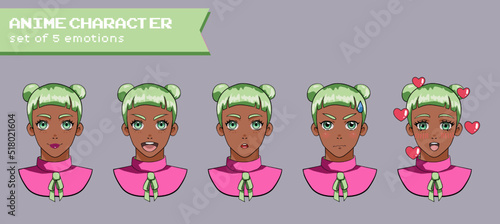 Design of a female anime character showing different expressions and emotions. Big collection of cartoon sprites.