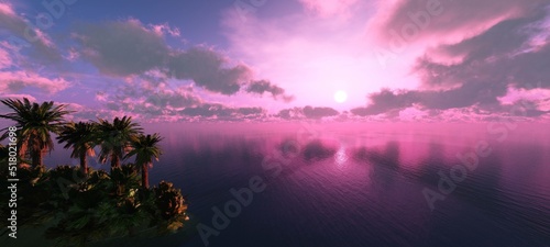 Seashore with palm trees at sunset, the light of the sun through the clouds over the water, stones in the sea at sunrise, 3d rendering
