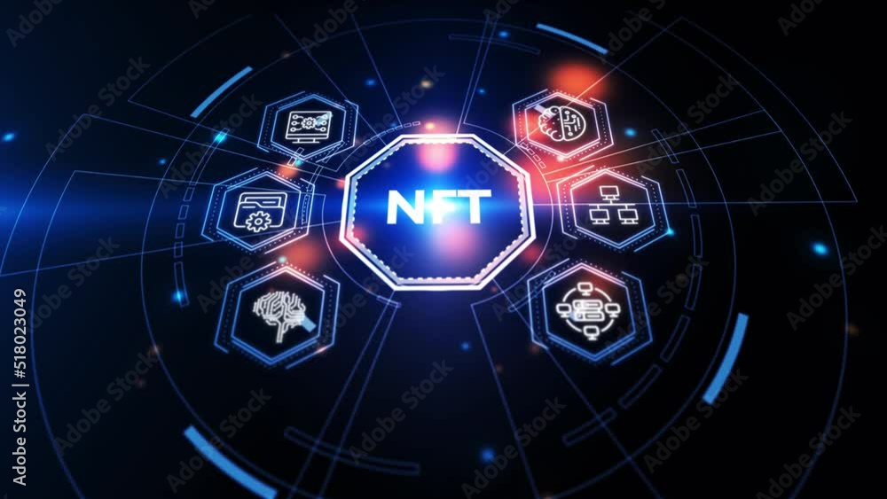 NFT Non-fungible token digital crypto  on virtual screen.