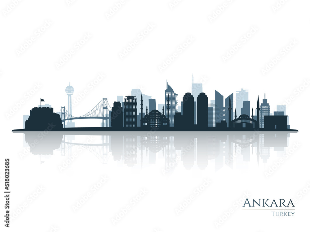 Ankara skyline silhouette with reflection. Landscape Ankara, Turkey. Vector illustration.