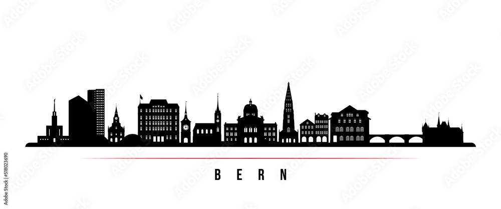 Bern skyline horizontal banner. Black and white silhouette of Bern, Switzerland. Vector template for your design.