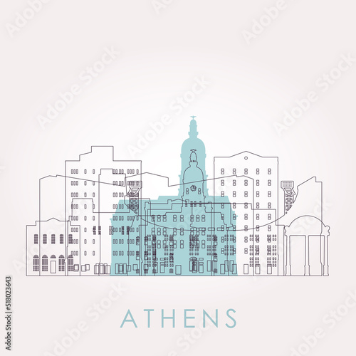 Outline Athens, Georgia skyline with landmarks. Vector illustration. Business travel and tourism concept with historic buildings. Image for presentation, banner, placard and web site.