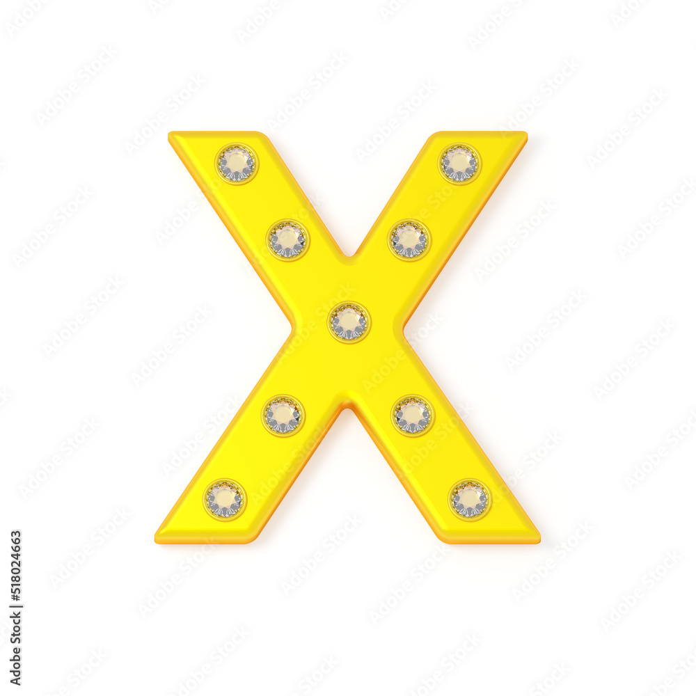 Obraz premium Capital letter X in gold and diamonds. Golden font with diamonds. Jewelry letters. Jewelry premium font made of gold and gems. Isolated on white background. 3d illustration. Yellow gold or brass.