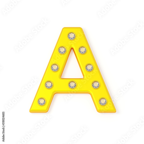 Capital letter A in gold and diamonds. Golden font with diamonds. Jewelry letters. Jewelry premium font made of gold and gems. Isolated on white background. 3d illustration. Yellow gold or brass.