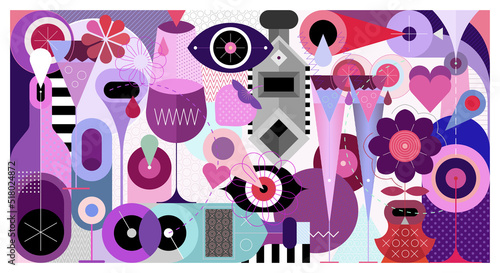 Artistic abstract design of cocktails, lemonades, glasses, bottles, abstract shapes and patterns. Vector illustration, cocktail party background.