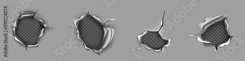Metal rip holes with curly edges, ragged cracks, cut damage on steel sheet. Torn slash, gun aperture design element isolated on transparent background Realistic 3d vector illustration, clip art