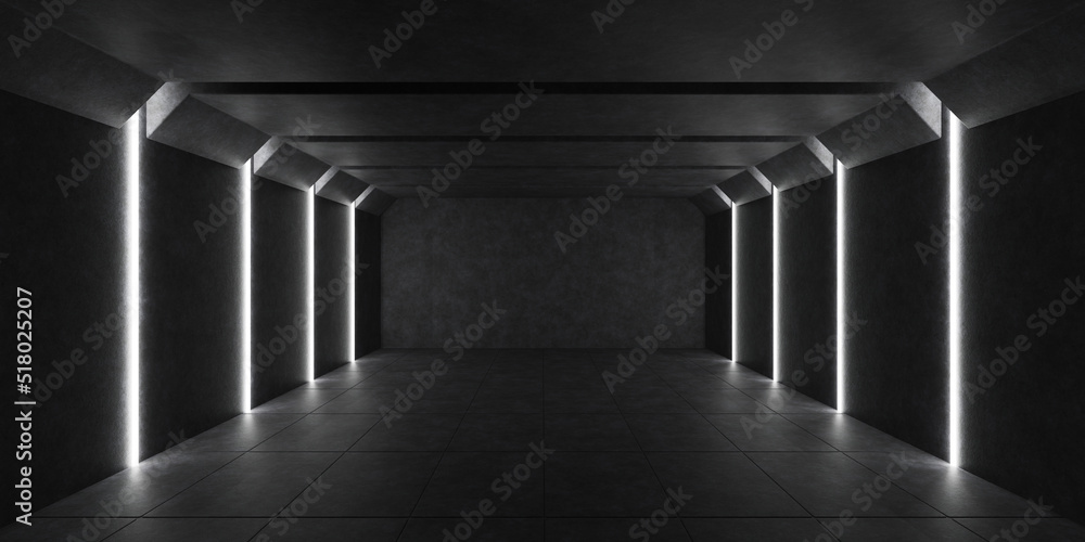 Fototapeta premium Dark Sci-Fi abstract concrete led white light cyber background. the tunnel factory led light interior and empty background. 3d illustration